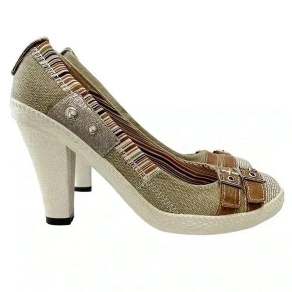 Joy & Peace High Heel Buckle Loafer Pumps Canvas Tan Khaki Size EU37 US6.5 - Picture 1 of 16